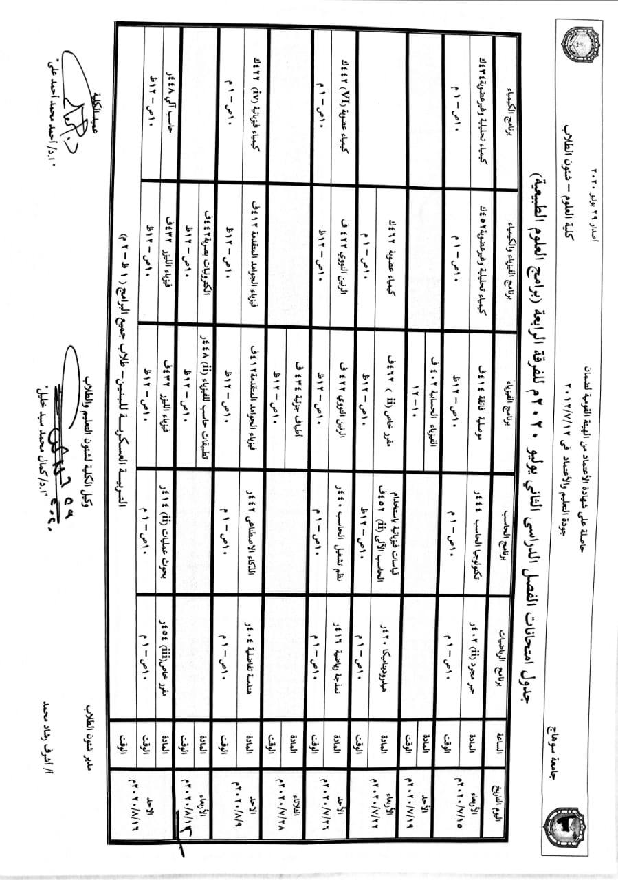 جدول نهائى امتحانات الفصل الدراسي الثاني للفرقة الرابعة