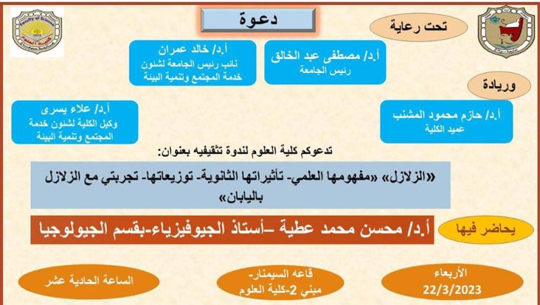 دعوة لكافة الفئات لحضور ندوة تثقيفية عن “الزلازل” يقدمها ا.د/ محسن محمد عطية