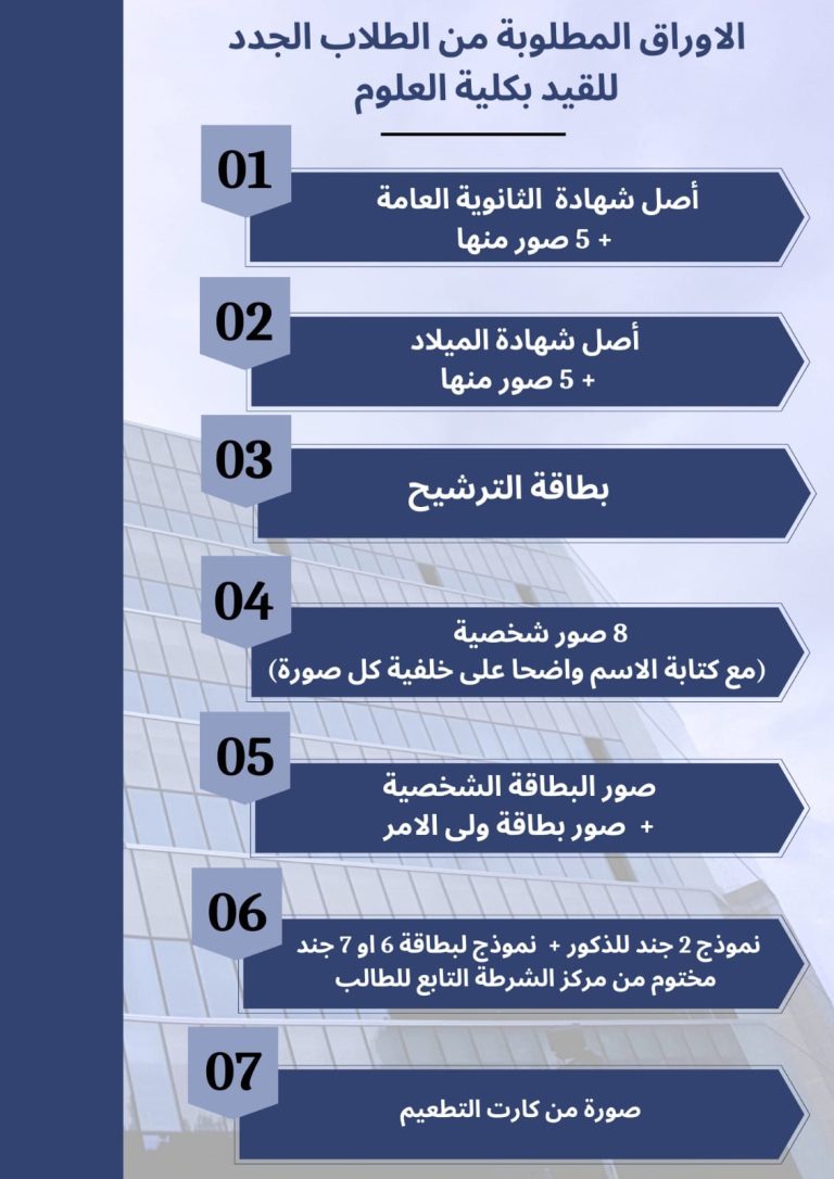 الاوراق المطلوبة من الطلاب الجدد للتقيد بكلية العلوم