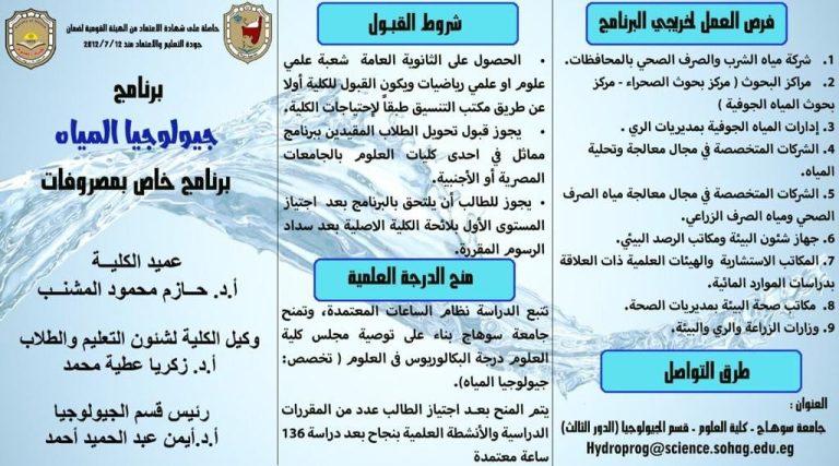 تفعيل الدراسة ببرنامج جيولوجيا المياه بكلية العلوم بسوهاج